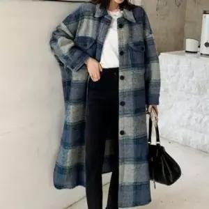 친절한탄씨 모던레이디스 깅엄 박시핏 롱버전 드레스셔츠 모직 오버코트 재킷 여성코트 롱코트