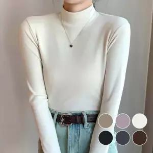 여성 반 하이넥 깔끔 디자인 슬림핏 솔리드 반폴라티 도톰한목티
