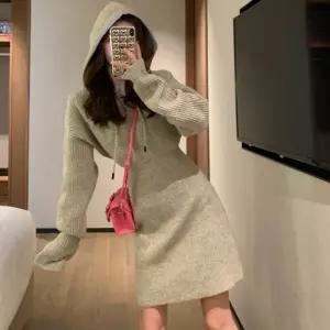 여성 후드 골지 미니 니트 원피스 그레이