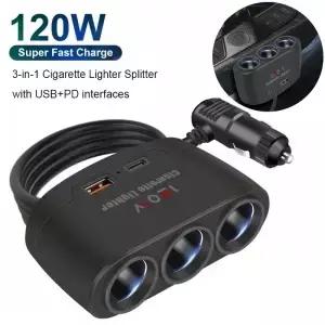 3in1 듀얼 USB 120W 차량용 시거잭 스플리터 12V 24V 고속 충전 플러그 전원 어댑터 블랙박스 GPS 주행