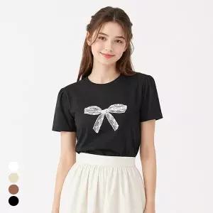 [올리비에스클로젯] 레이스 리본 퍼프소매 반팔 티셔츠_O2606TS142B