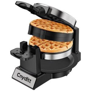 Cnydltt 더블 와플 메이커, 1400W 회전식 벨기에 와플 다리미 논스틱 플레이트, 180 플립, 8-슬라이스, 탈착식 드립 트레이, 잠금 뚜껑 및 쿨 터치 핸들, 스테인리스, 블랙