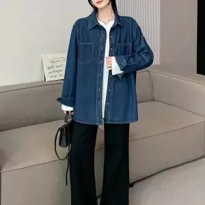 YM23373 여성 캐주얼 레트로 단추포인트 포켓 데님 청남방