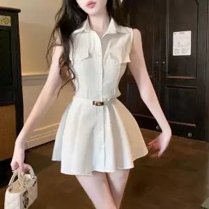 데님 원피스 청 슬리밍 효과 여름 폴로 칼라 시스터 스타일 디자인 민 허리 조절 셔츠 드레스 벨트 포함 하