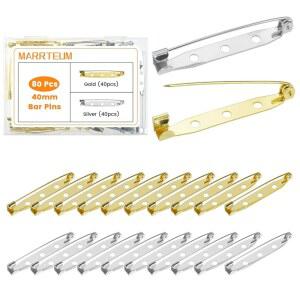 MarRTEUM 80개 40mm 막대 핀, 브로치 배지 안전 잠금 핀, 이름표, 주얼리, 장난감 및 코사지 제작을 위한 3개의 구멍이 있는 걸쇠, DIY 공예품(금, 은)