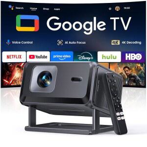 스마트 프로젝터 [구글 TV 스틱 및 4K 지원 번들] WiFi 및 블루투스, 휴대용 미니 영화 숏스로 프로젝터 실외, 내장 앱 자동 초점 기능을 갖춘 홈 시어터 침실 천장
