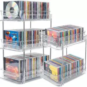 IPENP 클리어 CD 정리함 2단 슬라이딩 서랍 보관 선반 48장의 있으며 VCD DVD 컵(2단)을 위한 다용도