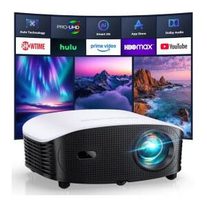 WiFi 및 블루투스를 지원하는 GoDee AI 스마트 미니 프로젝터 - FHD 4K 지원, Netflix / YouTube, Auto Focus & Keystone, 야외 영화의 밤과 침실 극장용 Dolby 오디오 영화 프로젝터와 호환됩니다