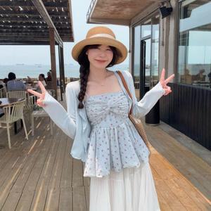 원픽 여성 라지 사이즈 꽃무늬 쉬폰 홀터탑 가디건 플리츠 스커트 세트