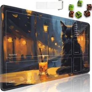TCG 플레이매트용 JVGFYNKL 구역이 있는 드로스트링 여행 파우치와 주사위 6개가 논슬립 러버 카페의 블랙