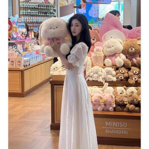 원픽 여성 [데일리] 러플 오가닉 코튼 화이트 폴카 도트 중기장 드레스