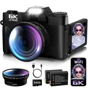 6K 사진 촬영용 디지털 카메라 오토포커스 2026년 유튜브용 64MP WIFI 브이로그 업그레이드 3인치 180 플립 스크린 16X 줌 64GB SD 카드 및 초보자를 위한 소형 여행용 2개 포함