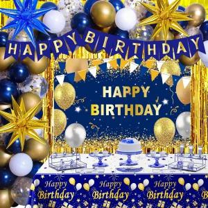 남자 여자 위한 나이프터 블루와 골드 생일 장식 70개 파티 축하 배경 배너 색종이 별 풍선 아치 식탁보