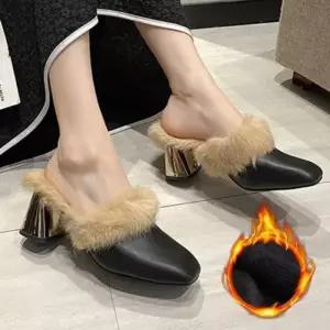 [룽스_66]여성 스퀘어코 기본 굽높이 겨울 퍼 펌프스