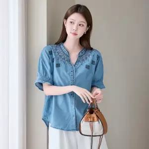 [모리스커밍홈] 에스닉 자수 데님 반팔 셔츠_M2606BL136B