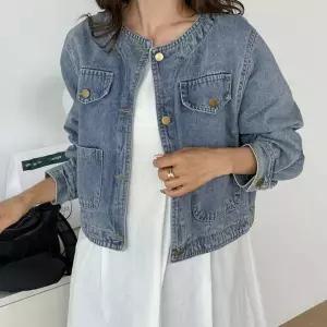 [하프클럽/]F51310 노카라 라운드 심플 청 데님 재킷 아우터