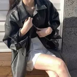 [하프클럽/]간절기 여성 레더 자켓 오버핏 여자 루즈핏 자켓 가죽 가을