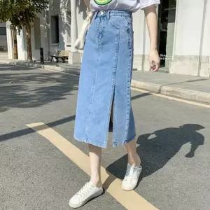 워싱 옆트임 롱 데님 스커트 연청 앞절개 청치마