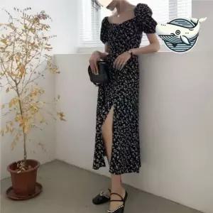 플라워 패턴 여름 롱원피스 세련된 벌룬 소매 여름원피스 여성원피스 반팔원피스