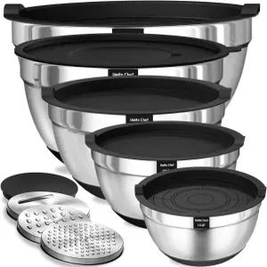 밀폐 뚜껑이 있는 우마이트 셰프 믹싱 볼 8PCS 스테인리스 스틸 네스팅 세트 강판 부착물 3개 및 미끄럼