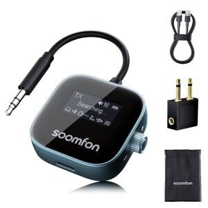 SOOMFON 비행기 블루투스 5.3 송신기 2개의 에어팟 비행 헤드폰 홈 체육관 디스플레이 수신기, 스테레오 자동차 또는 어댑터 시스템용 포함, 2-IN-1 3.5MM, LCD