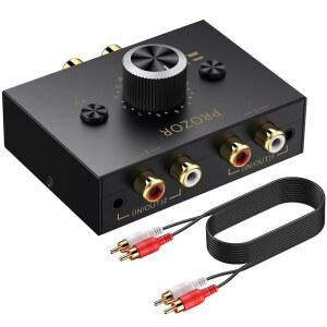 PROZOR 3.5MM 및 RCA 양방향 오디오 스위치 볼륨 노브 음소거 버튼이 있는 2-IN-1-OUT / 1-IN-2-OUT 패시브 스플리터 헤드폰 앰프 스피커용 스테레오 L/R 스위처 셀렉터 박스
