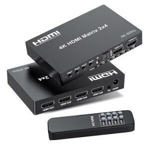 4K 2X4 HDMI 매트릭스 스위치, 2 광학 PS5 출력 60HZ 등을 위한 IN 4 HDR NS 스틱 2.0 비디오 HDCP2.2, 파이어 리모컨 18GBPS 포함 스위치 3.5MM 스플리터, IR 지원, 오디오 출력,