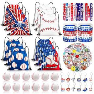 Yeepestmi 110Pcs 야구 파티, 미니 볼, 손목 밴드, 슬랩 팔찌, 열쇠고리, 파티 용품 스티커가 포함된 드로스트링 백 구디 선호