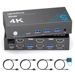 Hearvo HDMI KVM 스위치 2 컴퓨터 USB 3.0 4K@60Hz 간 듀얼 키보드 마우스 및 프린터 공유 EDID 케이블 컨트롤러 포함 -S7232H2 2 Monitors