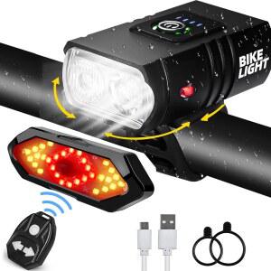 자전거 조명 세트, USB 충전식 앞뒤, 1000루멘 헤드라이트 및 리어 테일라이트(턴 시그널 혼, 방수 5+6 야간 사이클링 로드 마운틴 모드 포함)
