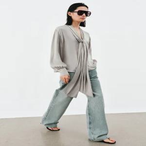 ZARA ZW 컬렉션 리본 네크라인 블라우스 - 펄 그레이 1083/560/804