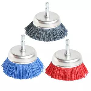 FPPO 3Pcs 3인치 모듬 컵 브러시 연마 와이어 나일론 드릴 그리트 80 120 320 및 1/4인치 섕크 기계용 회전