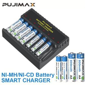PUJIMAX 8 슬롯 배터리 충전기(LED 표시기 ) 1.2V Ni-MH AAA/AA 충전식 배터리용 USB 출력 스마트 고속 충