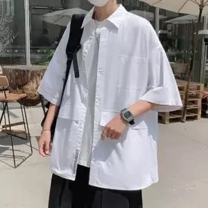 남성 반팔 셔츠 오버핏 여름 남방 데일리 포켓 무지 상의 5부 넉넉한 핏