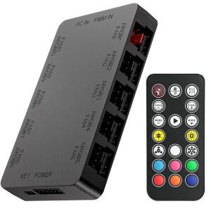 GSCOLLER 10포트 ARGB 및 PWM 팬 허브 컨트롤러 - 무선 리모컨, 섀시 키 제어 SATA 전원이 포함된 마그네틱 마운트 5V/3PIN RGB PC 10개의 케이스 스플리터 조명 장치 지원