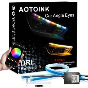 AOTOINK 자동차 헤드라이트 LED 스트립, 24인치 RGB 멀티 컬러 표면 주간 주행등 유연한 DRL 튜브 스트립 순차적 네온 장식 스위치백 신호등 APP 제어 2팩