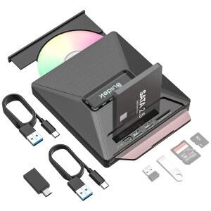 SUIDEK CD DVD 드라이브 외장, 휴대용 드라이버 + /-RW 버너, 2.5인치 SATA, SD 카드 리더 및 노트북 PC와 호환되는 USB A 타입 C 2.0 허브