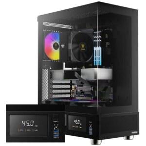 강화 유리가 장착된 GAMDIAS ATX 미드 타워 컴퓨터 케이스, 게이밍 PC 온도 디스플레이 LCD 및 120mm ARGB 팬 3개, 최대 5배 지원, 240mm AIO/레이디에이터, 340mm GPU/VGA, 160mm CPU 에어쿨러