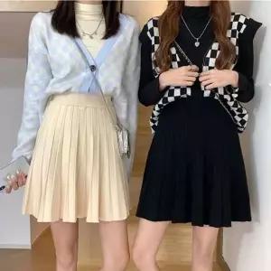 위아 여성 하이웨이스트 허리밴딩 니트 플 플리츠미니