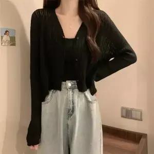 여성 루즈핏 넥 긴팔 가디건 커버업 숏가디건