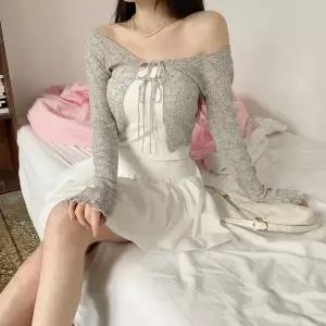[하프클럽/옷자락]여성 슬림 오프숄더 골지 스트랩 짧은 볼레로 가디건