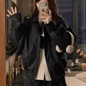 친절한탄씨 여성 오버핏 가죽 점퍼 아우터 페이크 레더 블루종 자켓 가죽자켓 하객룩 남자가죽자켓