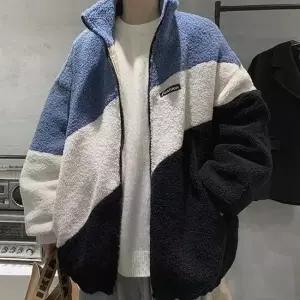 셀럽하우스 오버핏 뽀글이 양털 배색 후리스 집업 점퍼 블루