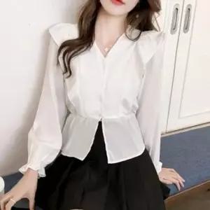 셀럽하우스 오피스룩 흰색 슬랙스셔츠 직장인예쁜셔츠 브이넥셔츠