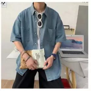 [RIZPICK]카라 남성 데님 오버핏 반팔 심플 출근룩 남방