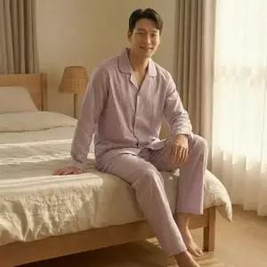 [하프클럽/옷자락]남자 편안한 스트라이프 카라 긴팔 빅사이즈 파자마 세트