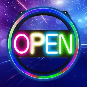 [AD-1_레인보우 발광 원형 OPEN] 영업중 간판 OPEN 보드 네온 LED 네온 사인 미니 입간판 약국 약 간판