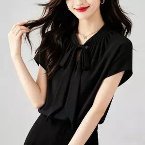 [라일리여성의류] Rly F007725_ 여름 새틴셔링 캡슬리브 리본타이