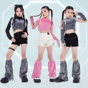 댄스복 방송 아이돌 무대 의상 발표회 키즈 힙합 의류 핑크 그레이 스팽글 탱크 크롭탑 메쉬 티셔츠 블랙