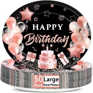 론플리니스 50PCS 블랙 앤 핑크 생일 타원형 종이 접시 인치 대형 플래터 파티 장식 헤비 듀티 식기 트레이